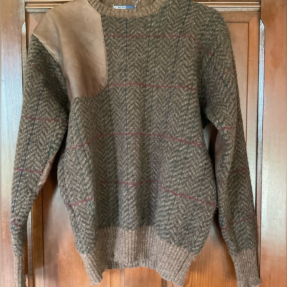 Vintage RALPH LAUREN Sportsmen Polo 90s Plaid herringbone Leather & Wool Sweater